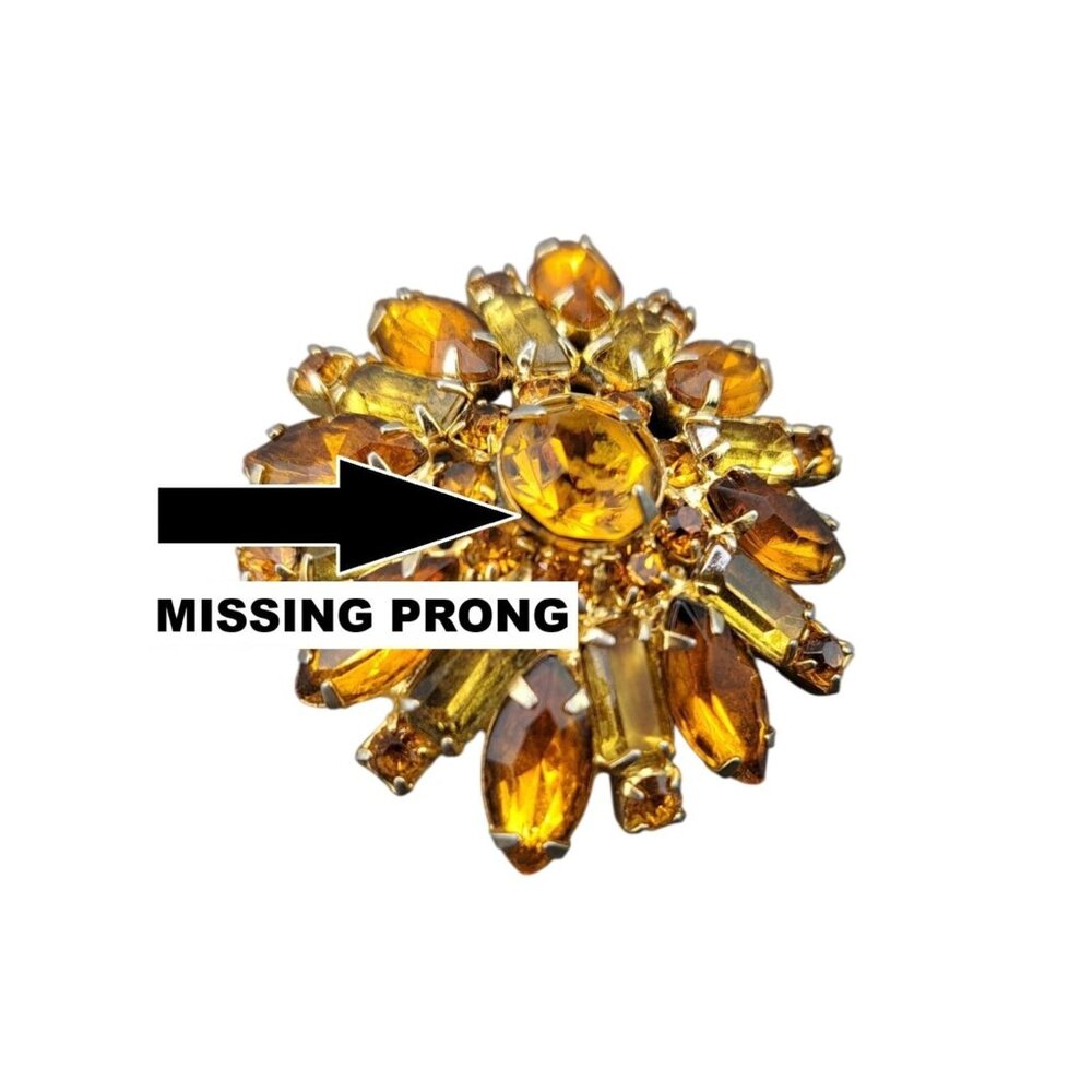 Vintage Rhinestone Brooch Pin Amber Citrine Topaz Colored Starburst Domed Floral - Picture 8 of 8